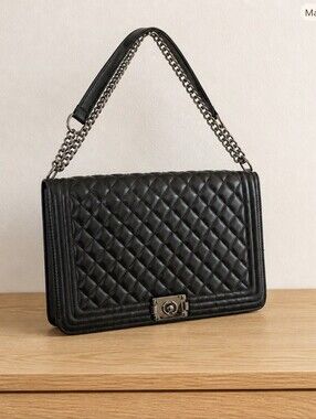 Black Quilted Chain Shoulder Bag by BL Style (Boy Bag Inspired)